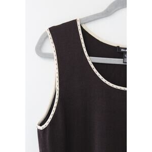 Vintage Ellen Tracy Women's Deep Brown Knit Cream Trimmed Silk Blend Tank Sz L